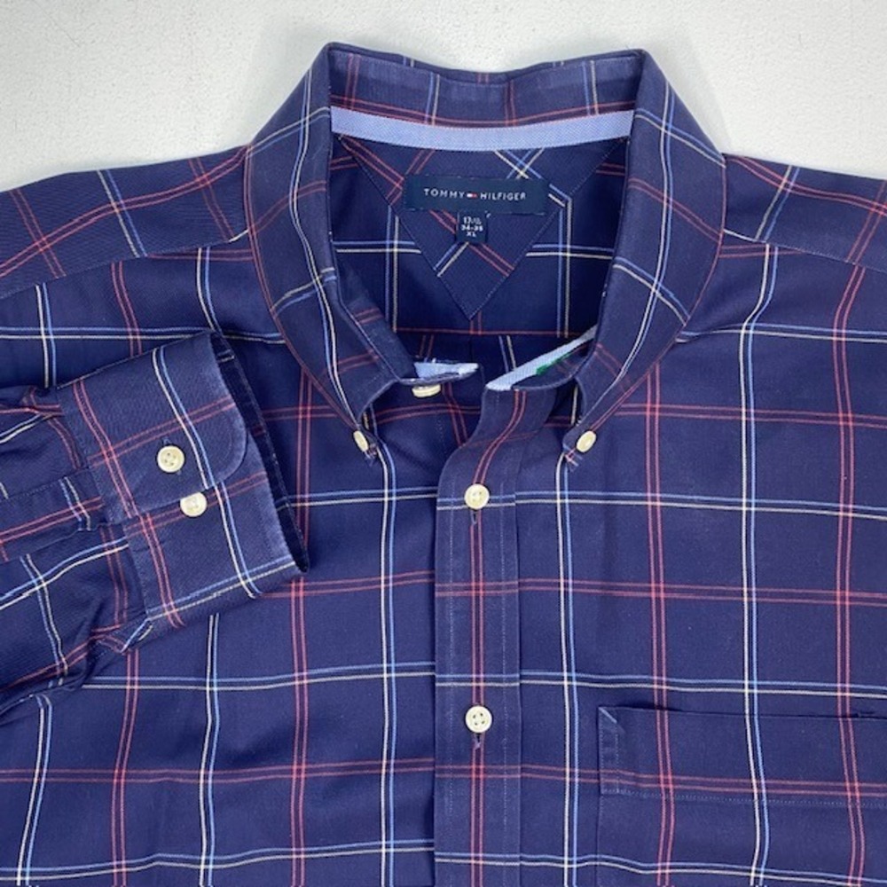 Tommy Hilfiger Mens XL Long Sleeve Plaid Button Down Shirt Navy Blue 17.5 34-35